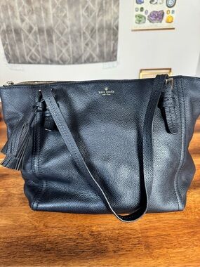 kate spade Black Pebbled Leather Shoulder Tote with Tassel Accent